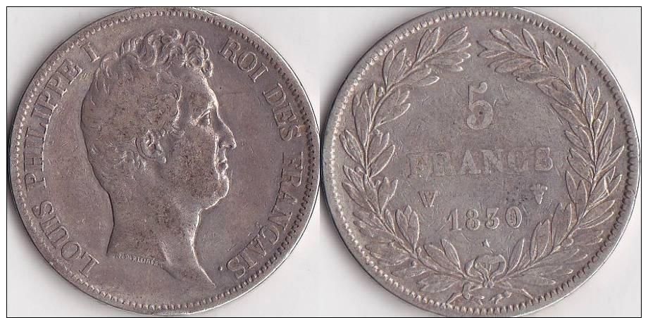 LOUIS PHILIPPE 1er  (1830-1848)  * 5 Francs 1830  W   - Type Tiolier Avec Le I , Tranche En Creux - Altri & Non Classificati