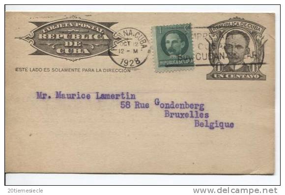 Entier CP 1 Centavo + TP Obl.Habana-Cuba Du 12.10.1928 V.Bruxelles AP420 - Lettres & Documents