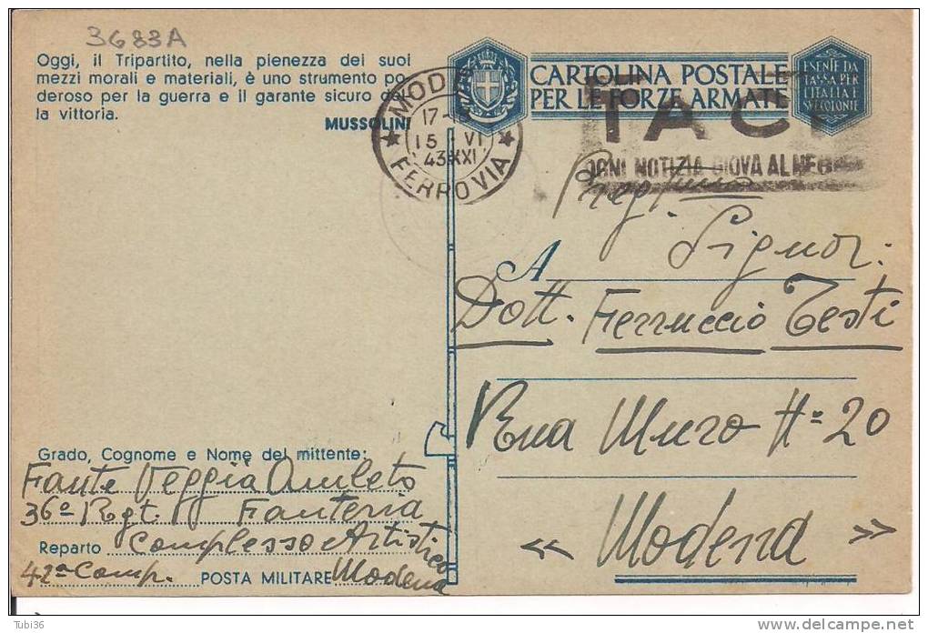 CARTOLINA POSTALE  FORZE ARMATE, ESENTE DA TASSA, POSTA MILITARE  MODENA / MODENA, - Franchise