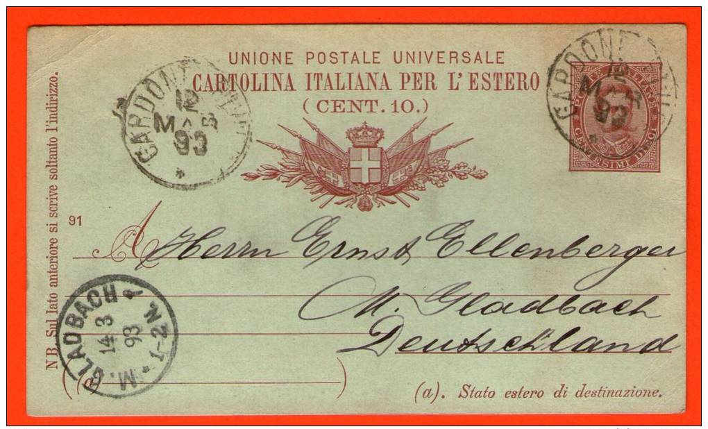 Cartolina Italy Dieci 10 Centesimi 1893 - Germany  - Entero Stationery GS Entier  Card Carta - Entero Postal