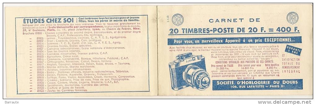 Carnet De Timbres Vide 20x20F = 400F Avec PUB "Horlogerie Du Doubs" Type S.1-58 DE 1958 .1 Bandelette Pub - Autres & Non Classés