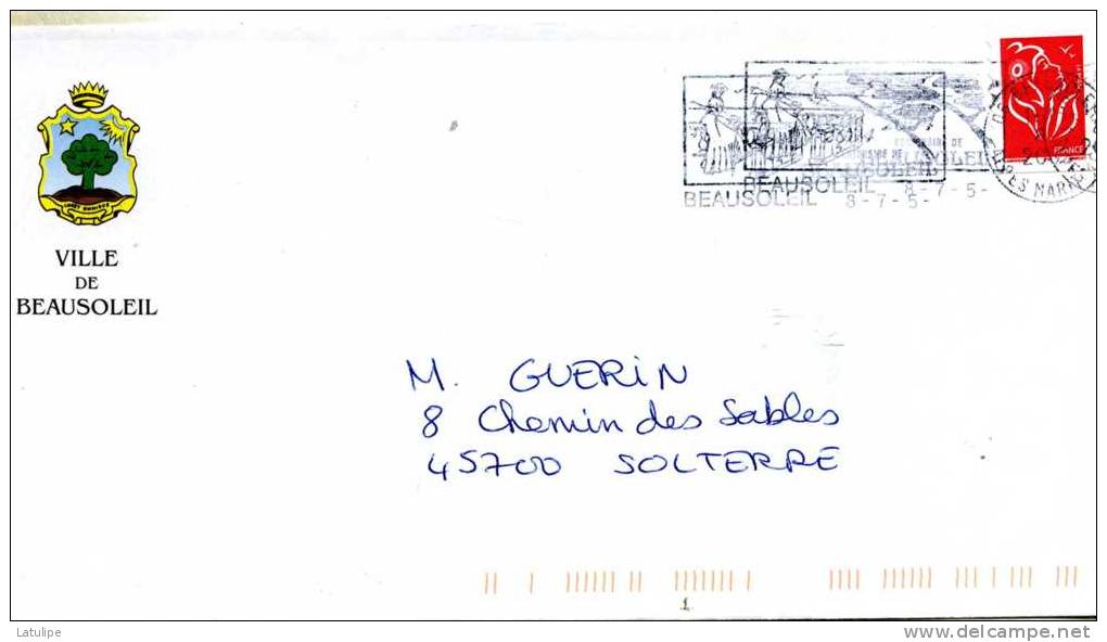 Enveloppe Obliteration Mecanique ( Flammes) Avec Ecusson De La Ville De Beausoleil 06 A Mr Guerin A Solterre 45 - Mechanical Postmarks (Advertisement)