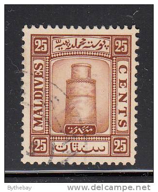 Maldives Used Scott #17 25c Minaret Of Juna Mosque, Near Male, Red Brown - Maldives (...-1965)