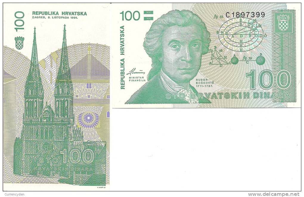 Croatia P20a, 100 Dinar, Geometric Calculations $4CV - Croatia