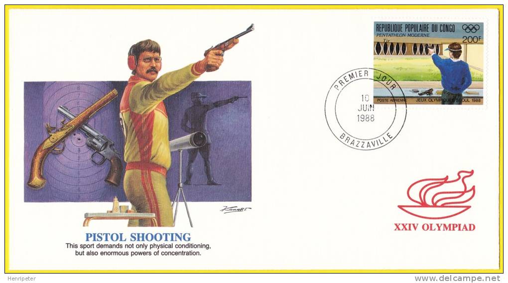 PA 383 (Yvert) Sur FDC Illustrée Jeux Olympiques D'été à Séoul (Corée Du Sud) - Compétition De Tir Au Pistolet - 1988 - FDC