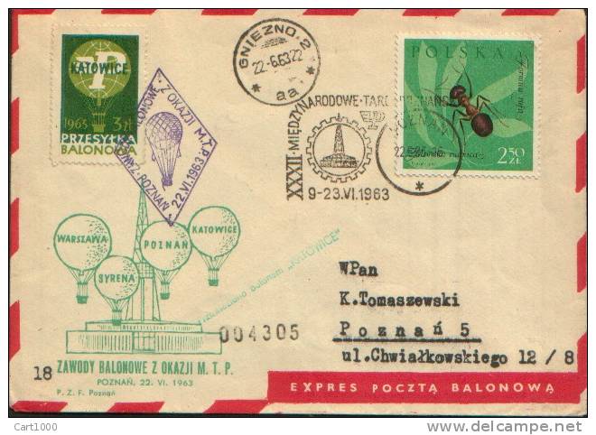 POLSKA 1963 ZAWODY BALONOWE Z  OKAZJI WARSZAWA POZNAN GNIEZNO EXPRES BALON - Ballonpost