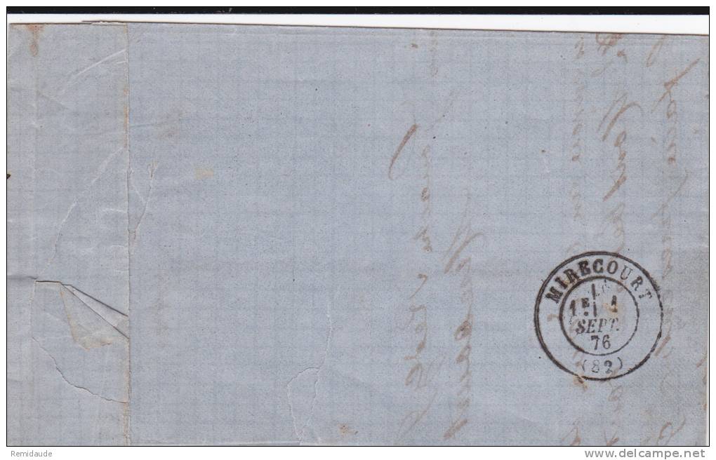 1876 - VOSGES - SAGE N/B - YVERT N°68 Sur LETTRE De DARNEY Avec BOITE MOBILE + Cad De MIRECOURT - 1876-1878 Sage (Type I)