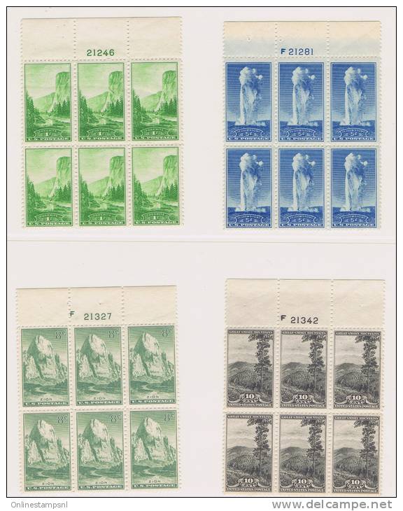 USA: 1934  Mi  364A - 373A Sc 740-49  Perforated, National Parcs  Set MNH/**  6 Blocks +sheet Margins - Neufs