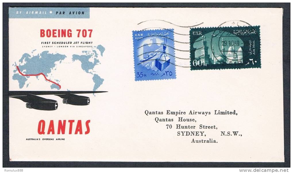 QANTAS FIRST FLIGHT 707 JET AIRLINER EGYPT-SYDNEY 1959 - First Flight Covers