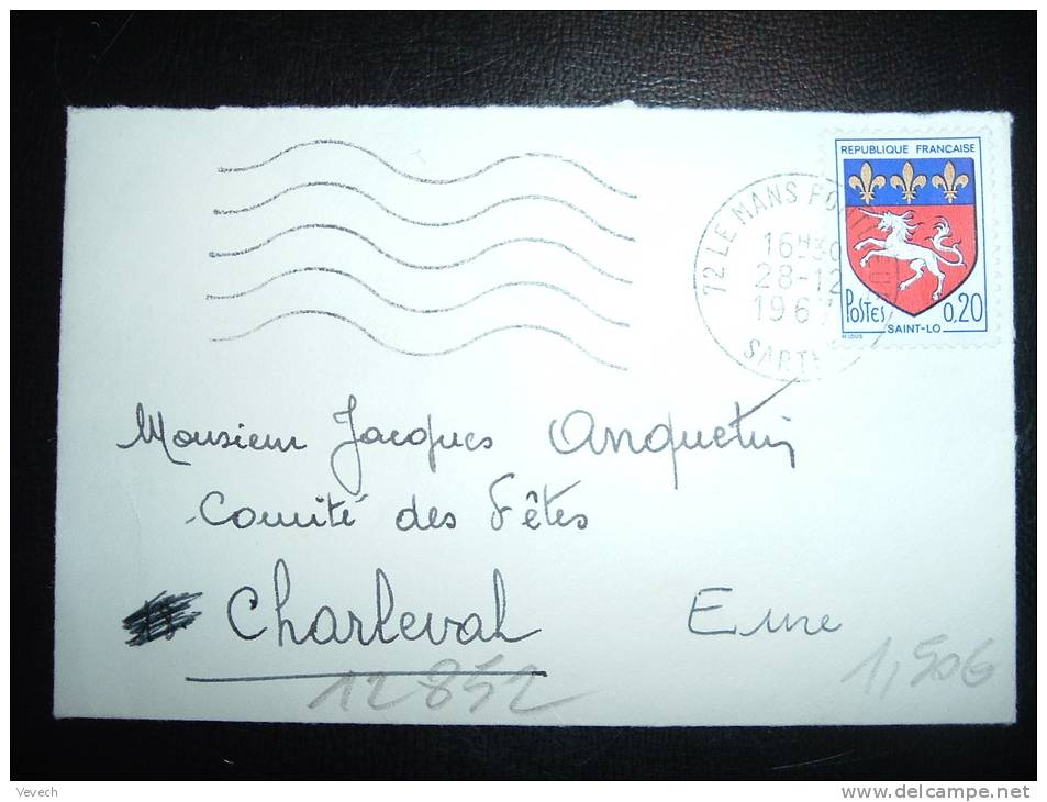 LETTRE MIGNONNETTE TP BLASON SAINT-LO 0,20F OBL.MEC. 28-12-1967 LE MANS PONTLIEUE (72 SARTHE) - 1941-66 Coat Of Arms And Heraldry