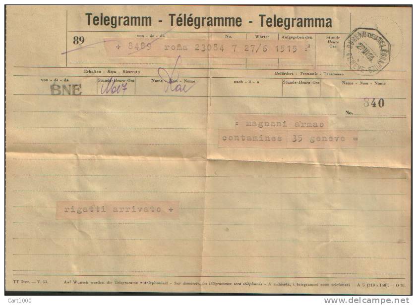 1954 GENEVE   TELEGRAMM TELEGRAMME TELEGRAMMA - Télégraphe