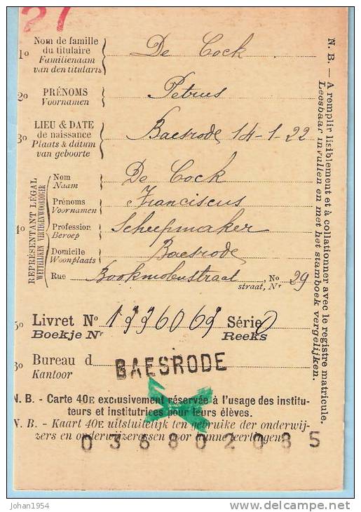 Lijfrentekaart, Afst. BAESRODE 22/04/1927 + Griffe (recto + Verso)  --  Baasrode - Langstempel