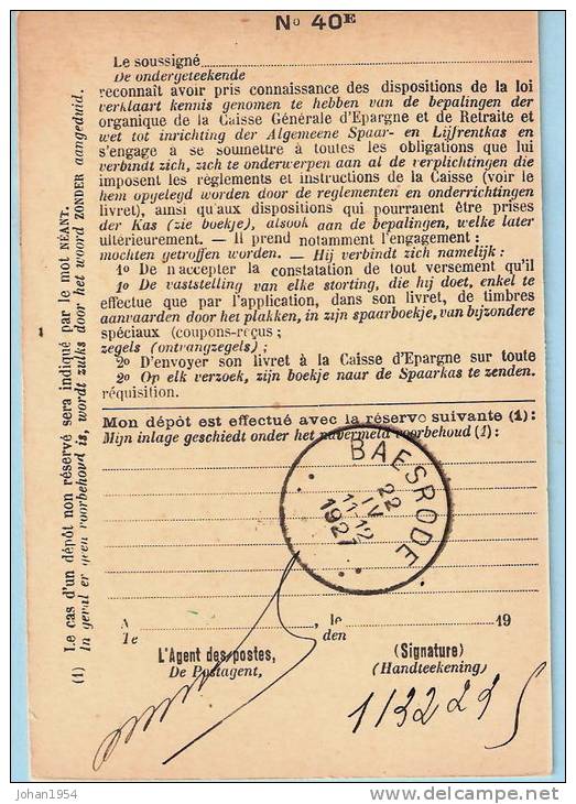 Lijfrentekaart, Afst. BAESRODE 22/04/1927 + Griffe (recto + Verso)  --  Baasrode - Langstempel