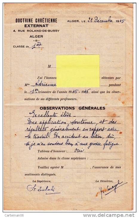 Bulletin Scolaire - Doctrine Chrétienne D'Alger - Année 1945-1946 - Diplomas Y Calificaciones Escolares