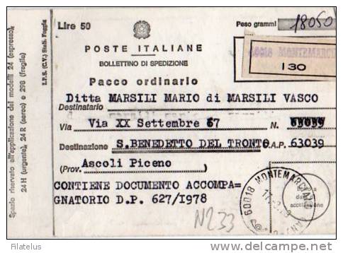 POSTE  ITALIANE-BOLLETTINO DI SPEDIZIONE-PACCO ORDINARIO-DITTA PIRANI MARIO-MONTEMARCIANO-ANCONA- - 1971-80: Storia Postale