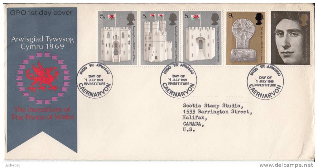 Great Britain FDC Scott #595-#599 Set Of 5 Investiture Of Prince Charles As Prince Of Wales Caernarvon Philatelic Bureau - 1952-1971 Pre-Decimal Issues
