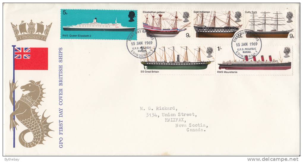 Great Britain FDC Scott #575-#580 Set Of 6 British Ships Philatelic Bureau, Edinburgh Cancel - 1952-1971 Em. Prédécimales