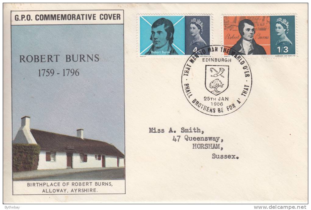 Great Britain FDC Scott #444-#445 Set Of 2 Robert Burns Edinburgh Cancel - 1952-1971 Pre-Decimal Issues