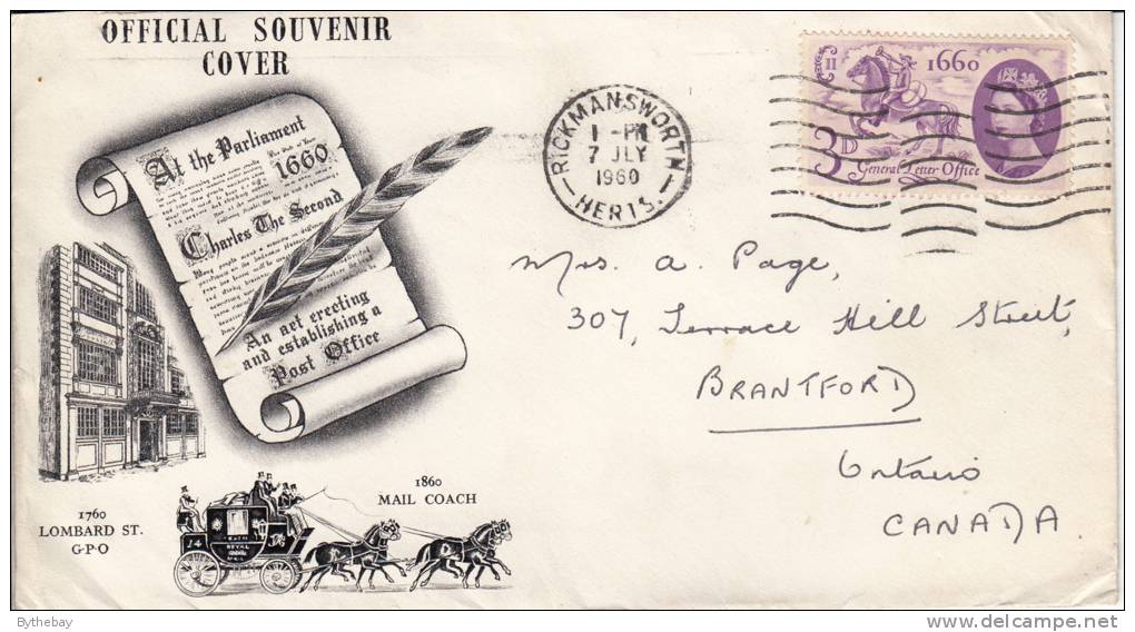 Great Britain FDC Scott #375 3d Postboy On Horseback 300th Ann General Letter Office Rickmansworth Herts. Cancel - 1952-1971 Em. Prédécimales