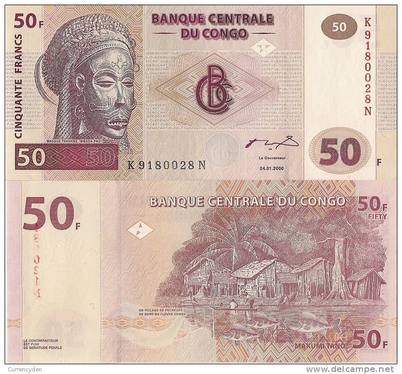 Congo P 91A, 50 Francs, Tshokwe Mask / Village By Congo River $10 CV!! - Democratische Republiek Congo & Zaire