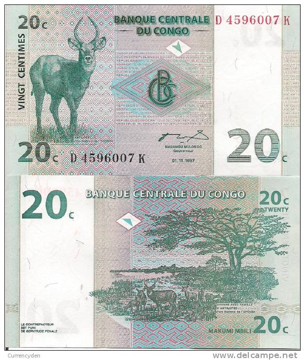 Congo P83a, 20 Centimes,antelope / Upemba National Park - Demokratische Republik Kongo & Zaire