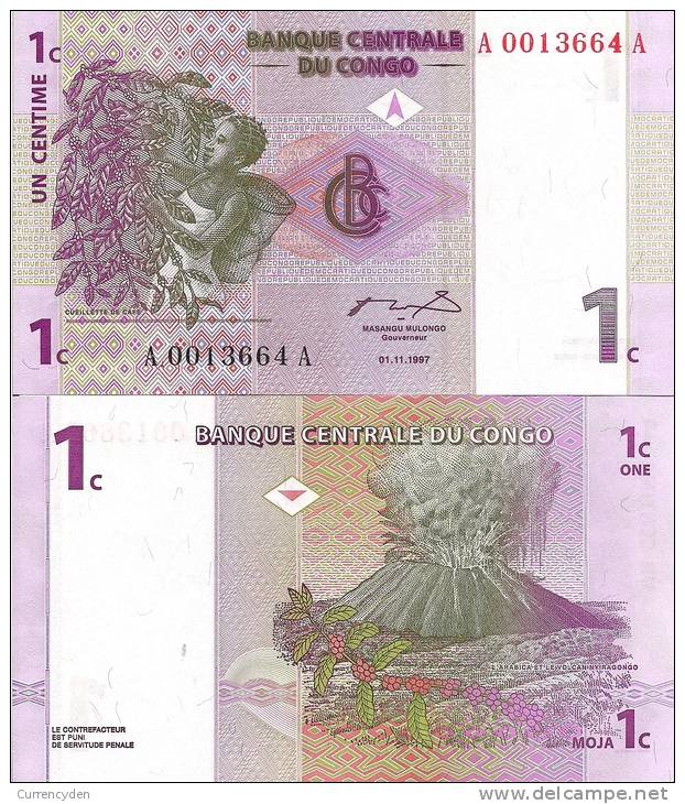 Congo P80a, 1 Centime, Woman Harvesting Coffee / Mt. Nyiagongo Volcano Errupting - Demokratische Republik Kongo & Zaire