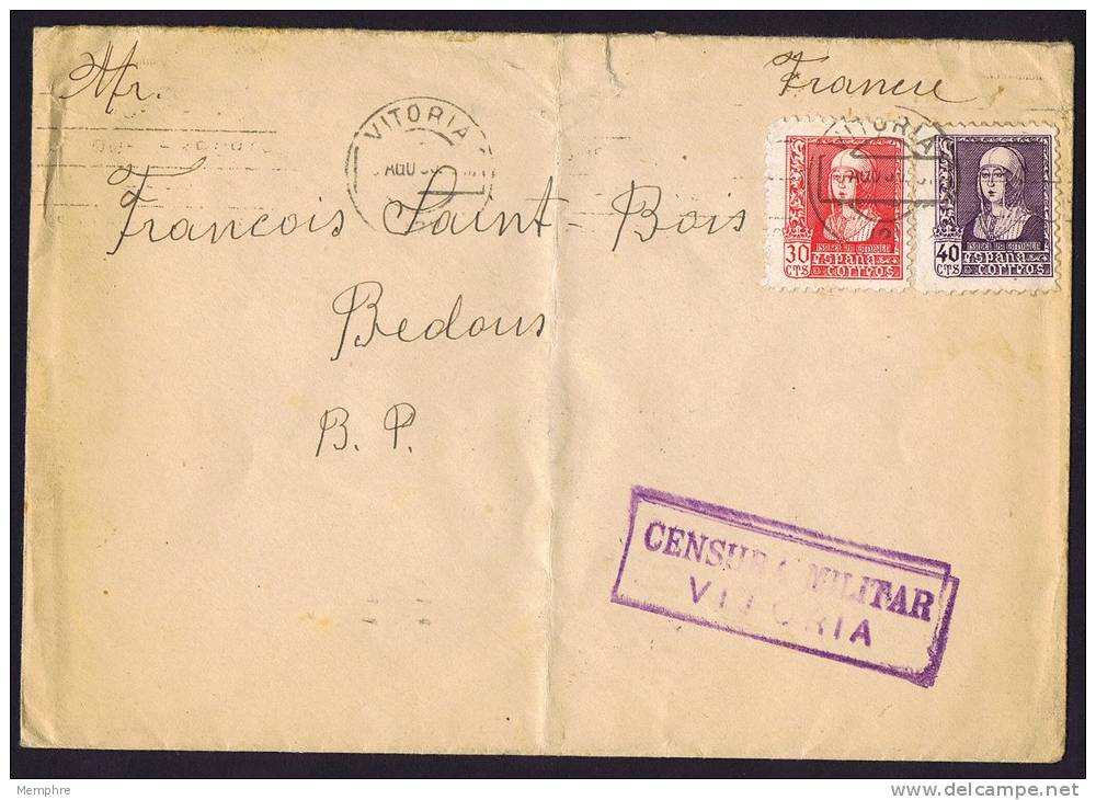 1939  Carta Da Vitoria  Per Francia   &laquo;Censura Militar / Vitoria&raquo; - Cartas & Documentos