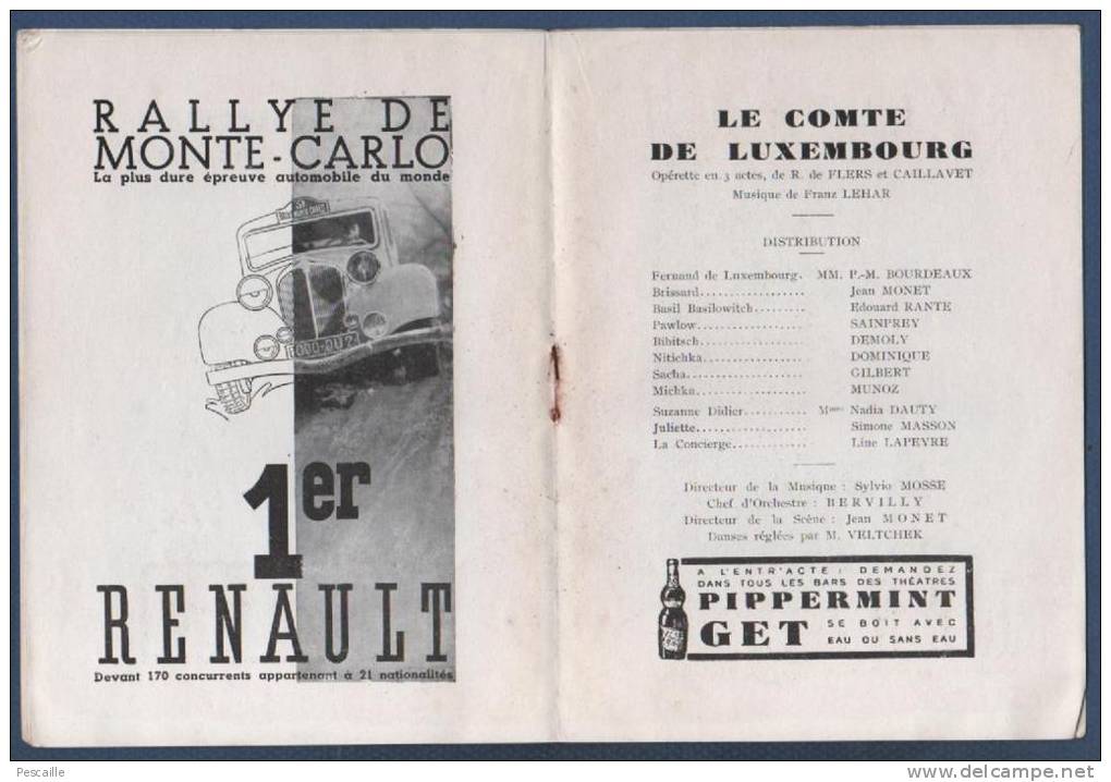 PROGRAMME TRIANON LYRIQUE SAISON 1934 1935 - LE COMTE DE LUXEMBOURG OPERETTE DE FRANZ LEHAR / R. DE FLERS ET CAILLAVET - Programs