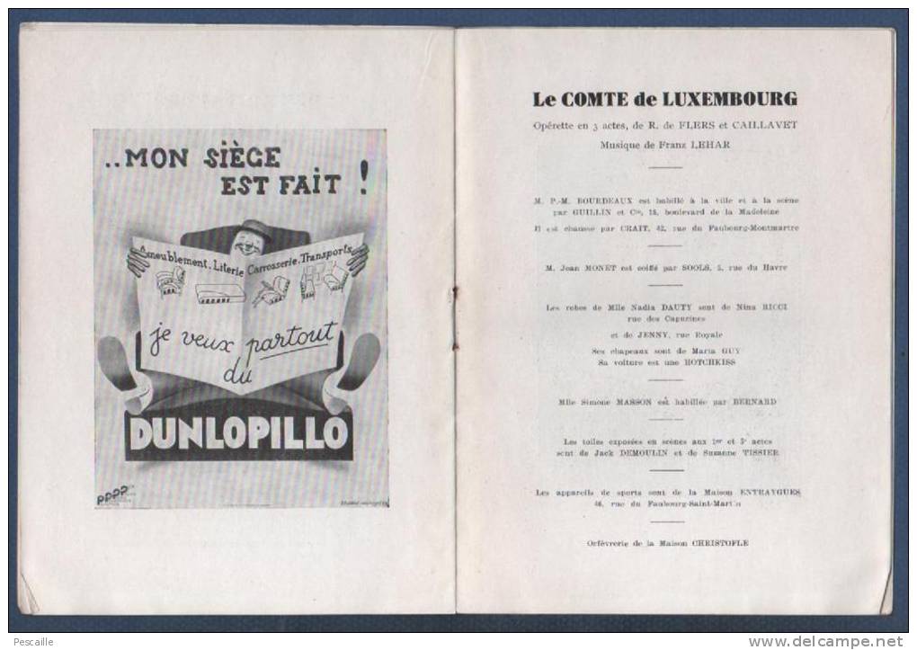 PROGRAMME TRIANON LYRIQUE SAISON 1934 1935 - LE COMTE DE LUXEMBOURG OPERETTE DE FRANZ LEHAR / R. DE FLERS ET CAILLAVET - Programs