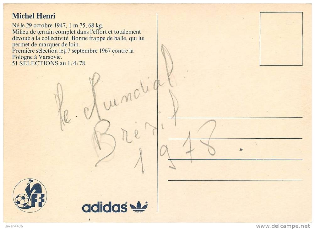 Football - Henri MICHEL- Equipe De France Mondial 1978 - CP Adidas & FFF -Portrait + En Jeu + Signature + Curiculum -TTB - Calcio