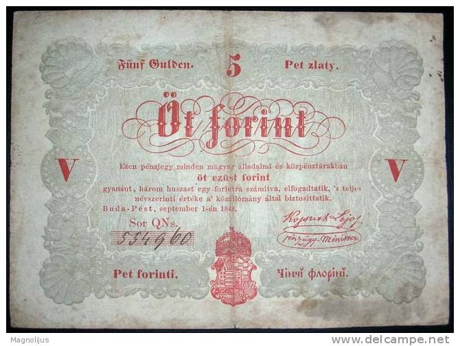 Paper Money,Banknote,Austria-Hu Ngary Monarchy,Revolution,Hunga Rian,5 Forint,Dim.133x92mm,Year Of 1848. - Hongarije
