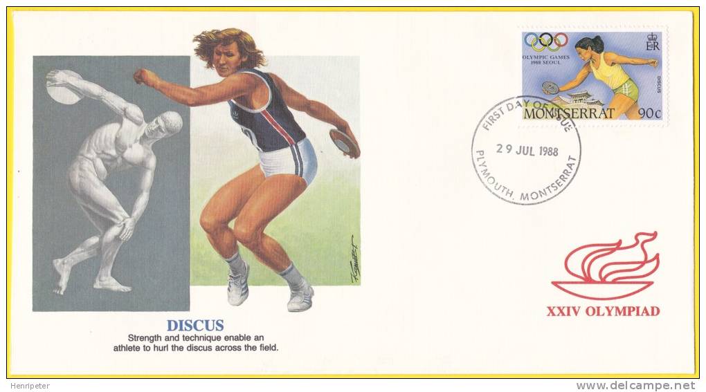 Montserrat 1988 - FDC Illustrée Jeux Olympiques D'été à Séoul (Corée Du Sud) - Lancer Du Disque - Montserrat