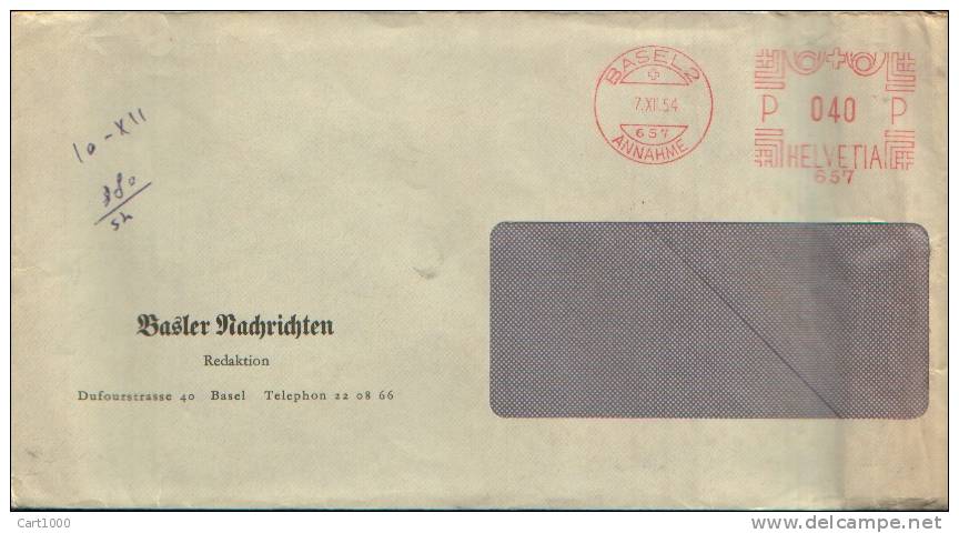 AFFRANCHISSEMENT MECANIQUE 1954 FREISTEMPEL BASEL2 ANNAHME - Frankiermaschinen (FraMA)