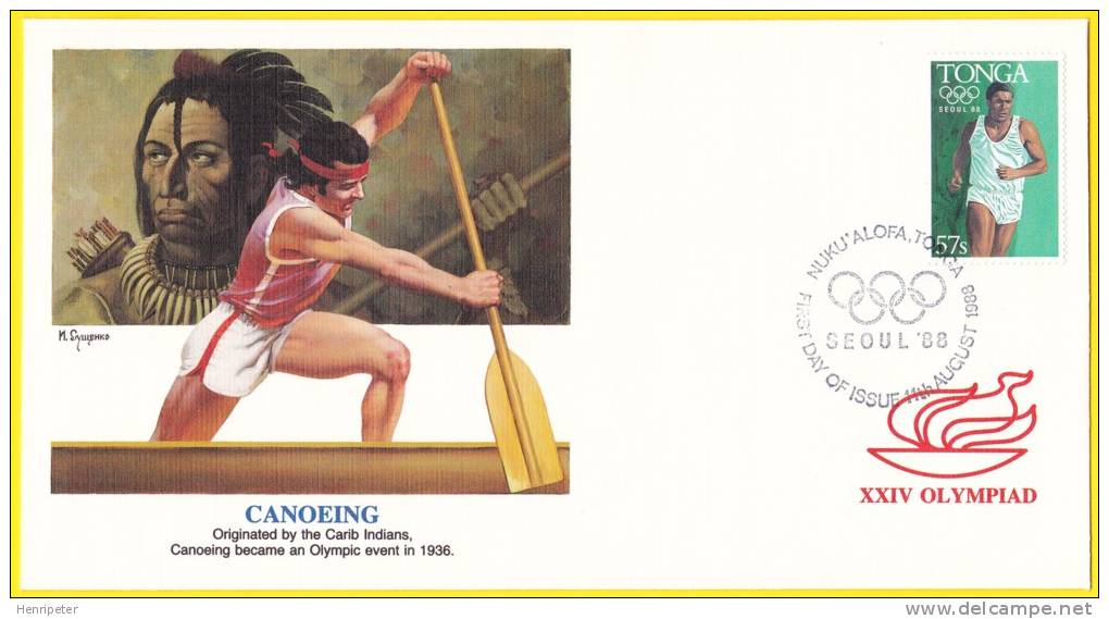 Tonga 1988 - FDC Illustrée Jeux Olympiques D'été à Séoul (Corée Du Sud) - Canoë-kayak - Tonga (1970-...)