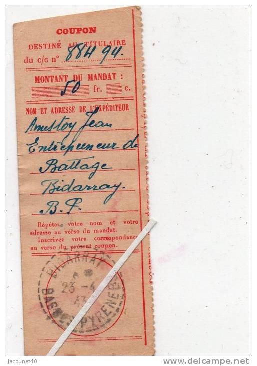 Bidarray 64 Talon Mandat/Recepice1943 - Timbres De Distributeurs [ATM]