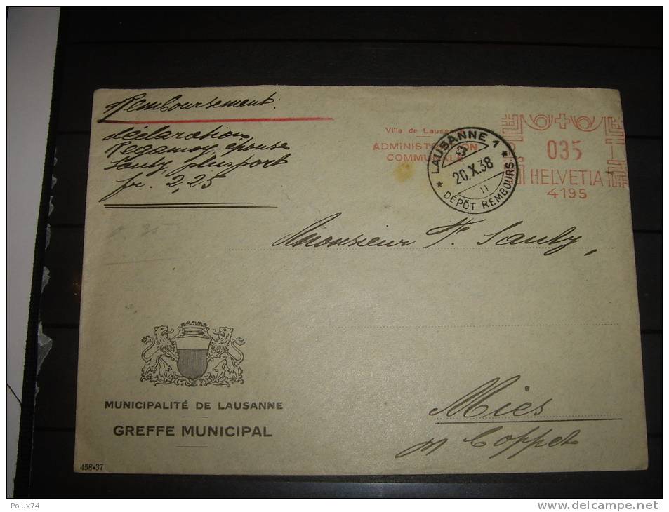 Suisse   Lettre 1938 -35 Cts Greffe Municipal -lausanne-pour- Mies -vaud - Affranchissements Mécaniques