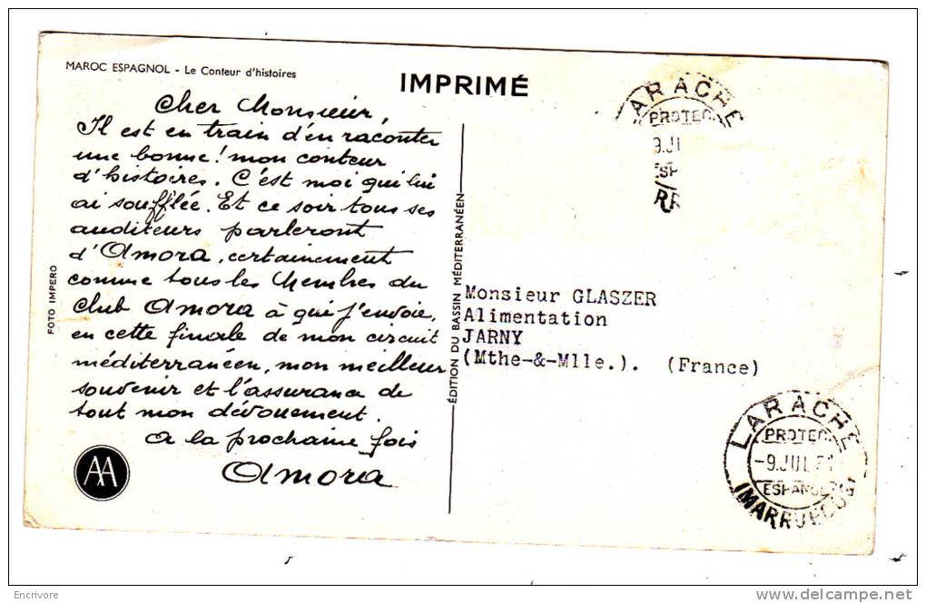 Carte Postale Publicitaire AMORA  à M GLASZER Alimentation Jarny MAROC ESPAGNOL Conteur D Histoires - Advertising