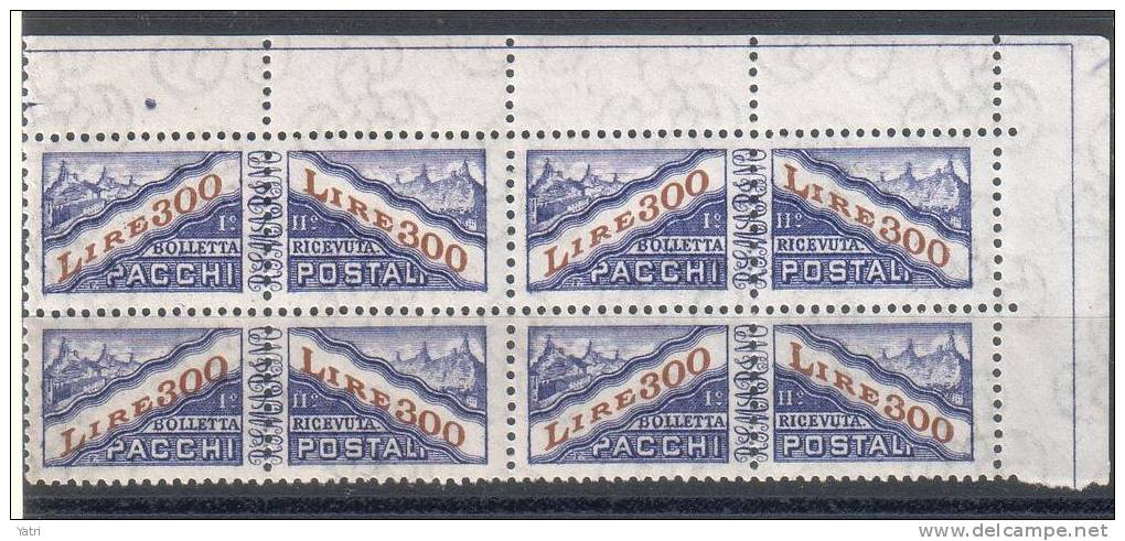 Rep. Di San Marino  -  1965 -- 300 Lire Pacchi Sass. 45 - Quartina ** MNH - Colis Postaux