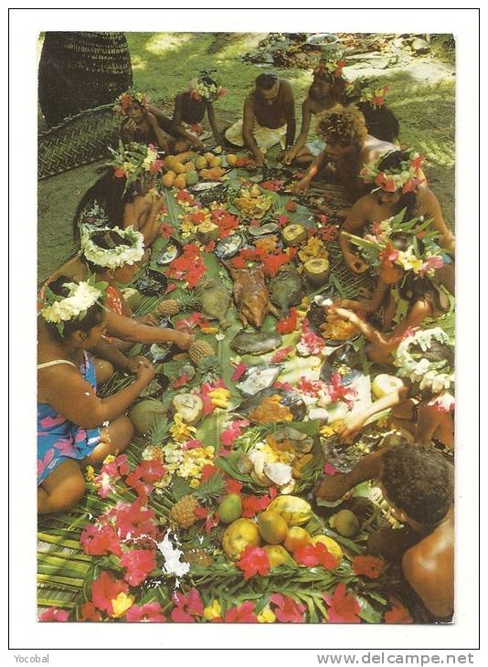 Cp, Polynésie Française,  Tahiti, Un "Tamaaraa" (Repas Tahitien), écrite - Polynésie Française