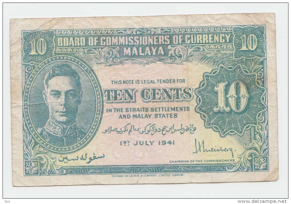 Malaya 10 Cents 1941 VF+ Banknote KGVI P 8 - Malesia