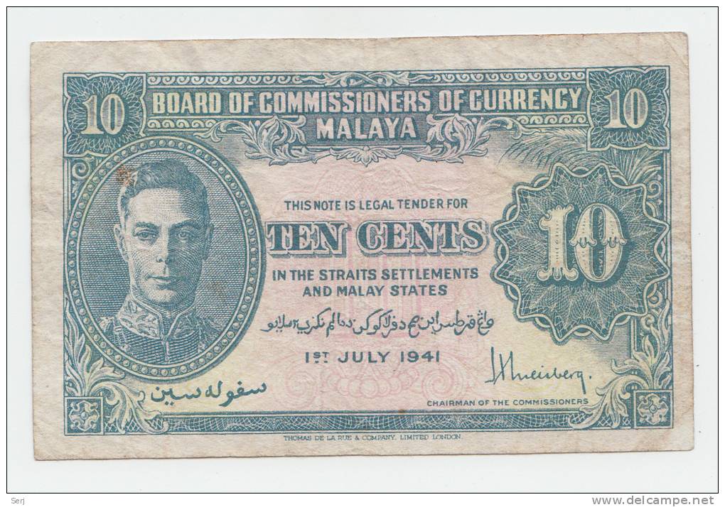 Malaya 10 Cents 1941 VF+ Banknote KGVI P 8 - Malesia