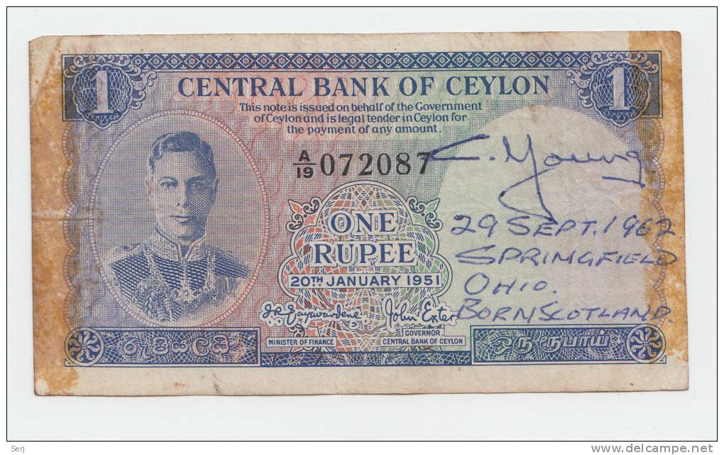 Ceylon 1 Rupee 1951 VF (w/ Tape) P 47 (snorter) - Sri Lanka