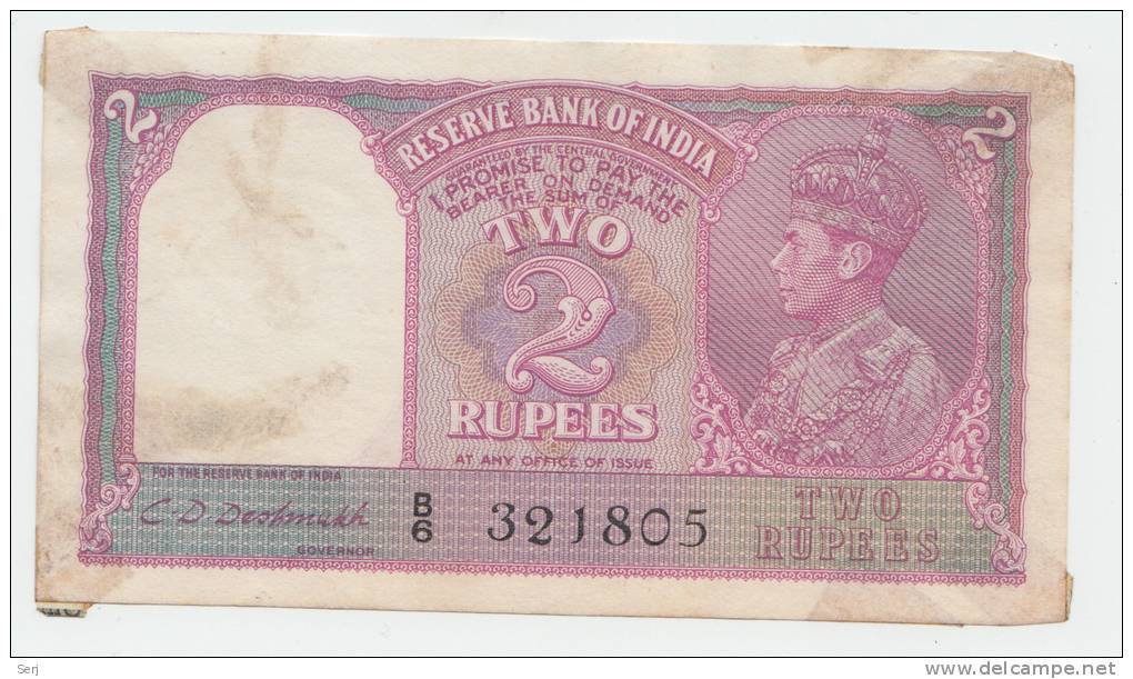India 2 Rupees 1943 AVF (w/ Tape) P 17b - India