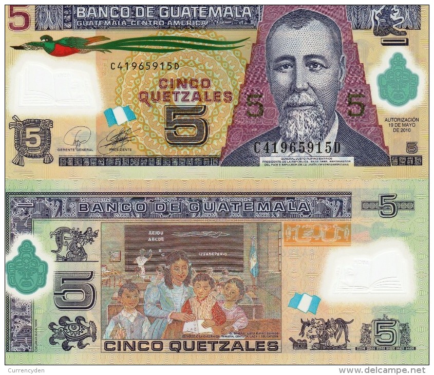 Guatemala P122, 5 Quetzal, Quetzal Bird, General Barrios / Classroom POLYMER - Guatemala