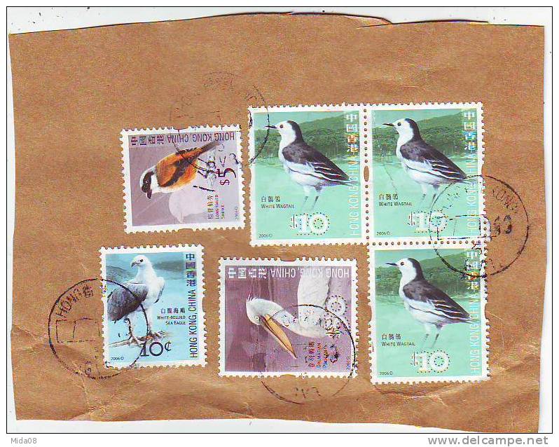 HONG KONG CHINA. TIMBRES OBLITERES SUR FRAGMENT DE LETTRE. DALMATIAN PELICAN.LONG TAILED SHRINE. SEA EAGLE.WHITE WAGTAIL - Usati