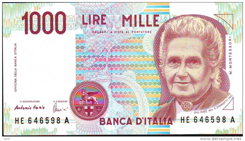 Banconota Lire Mille "Montessori I  1990" Ciampi-Speziali Serie  HE 646598 A - 1000 Lire