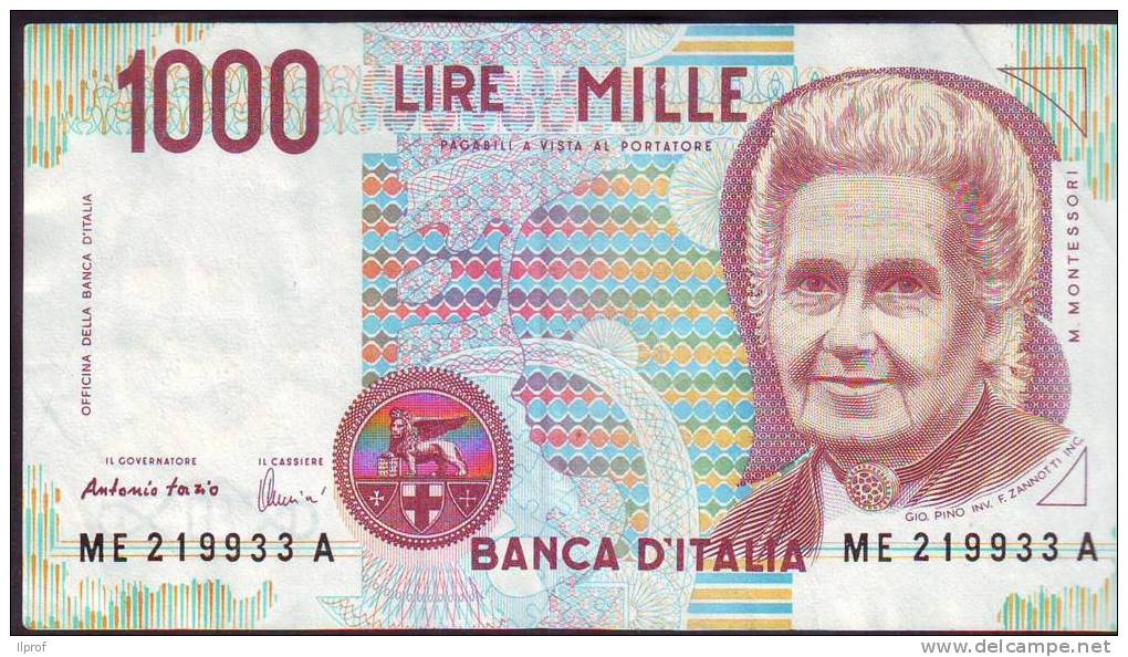 Banconota Lire Mille "Montessori I  1990" Fazio-....serie  ME 219933 A - 1.000 Lire