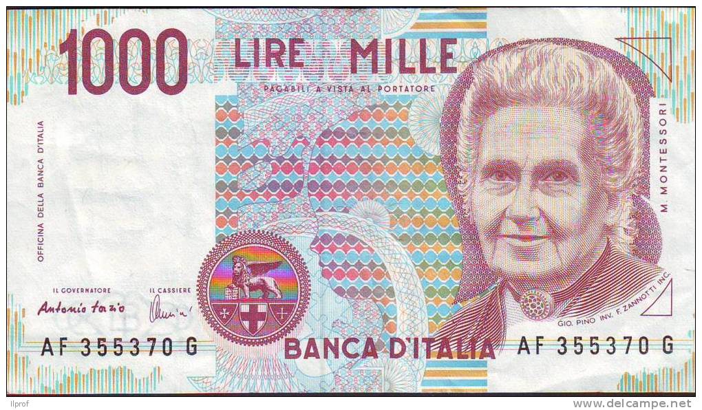 Banconota Lire Mille "Montessori I  1990" Fazio-....serie  AF 355370 G - 1000 Lire