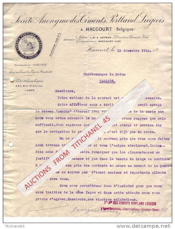 Lettre De 1915 - HACCOURT - SOCIETE ANONYME DES CIMENTS PORTLANF LIEGEOIS - Autres & Non Classés