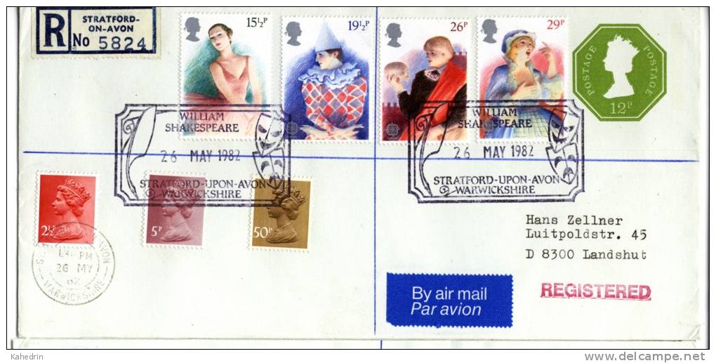 Great Britain 1982, Uprated Registered Cover Sent To Germany, Theatre - Shakespeare - Brieven En Documenten